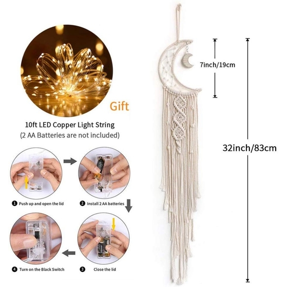 Macrame Wall Hanging Moon Fairy String Light Deco - Picture 7 of 8